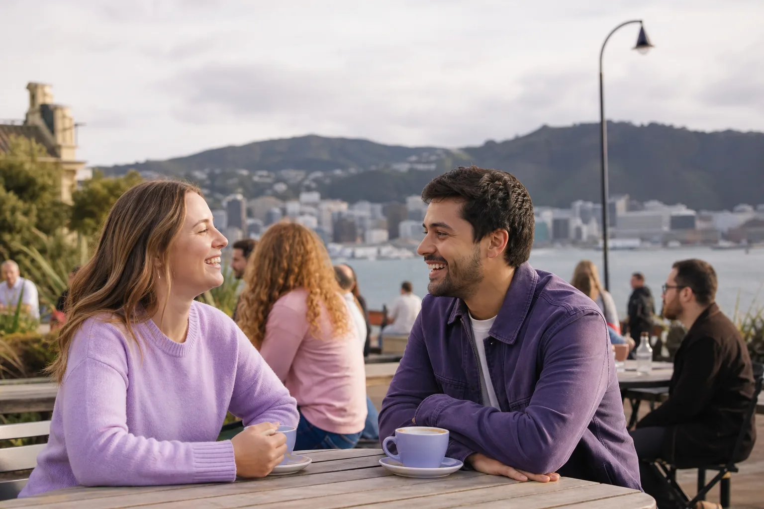 Wellington local updating a dating profile on a phone beside the waterfront