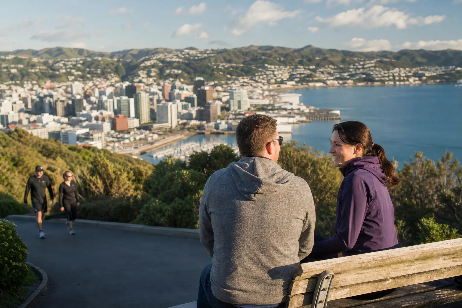 Two people talking over coffee beside the Wellington waterfront
