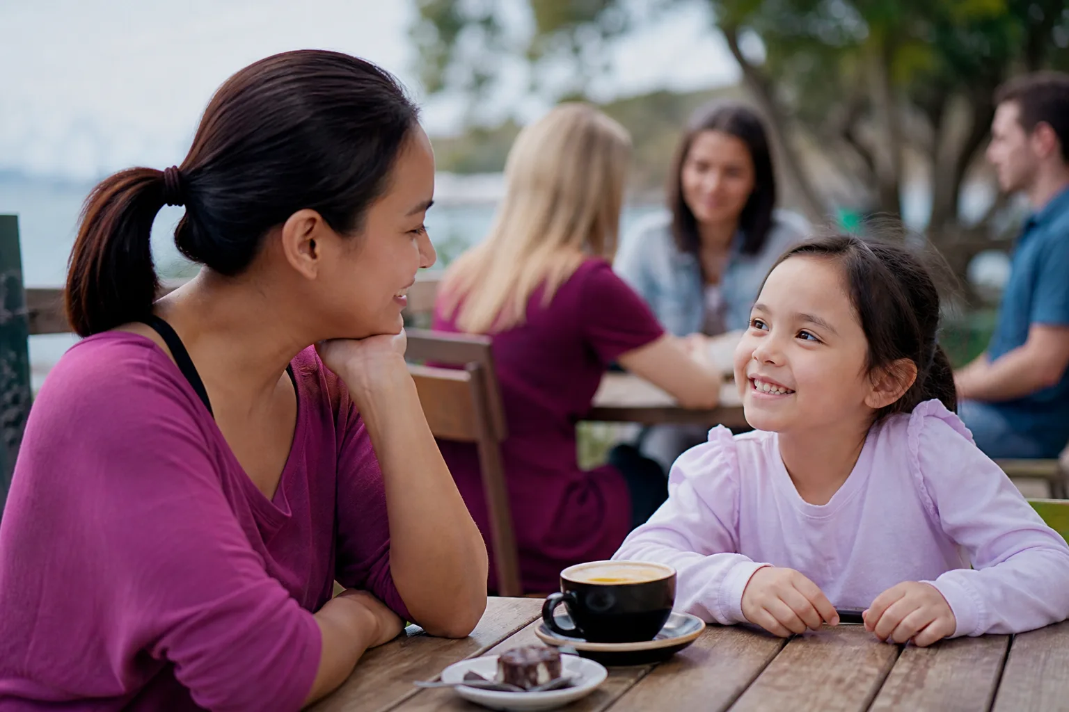 Single parents talking over coffee beside the Wellington waterfront
