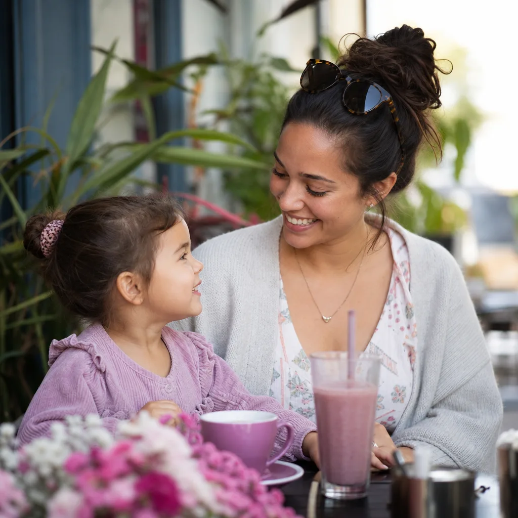 A parent enjoying coffee at an outdoor table in central Wellington