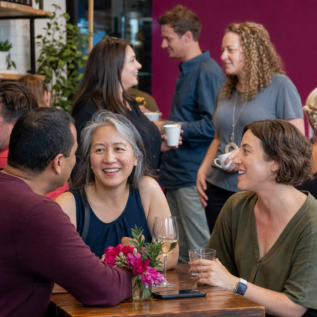 Two people chatting across a table during a hosted Wellington speed-dating event