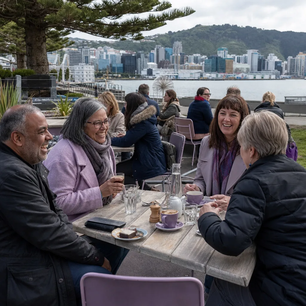 A daytime coffee meeting at a busy café in central Wellington