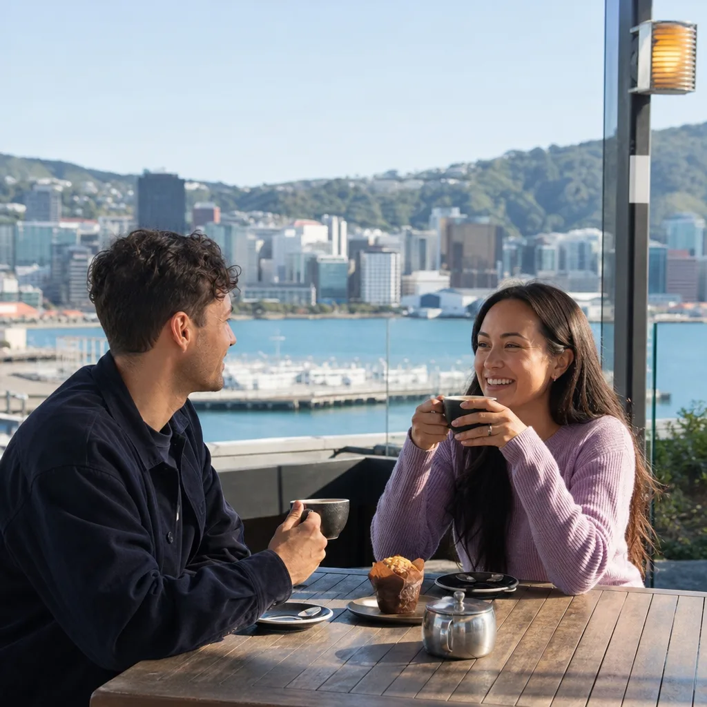 A Wellington commuter checking a dating profile on a phone near Lambton Quay