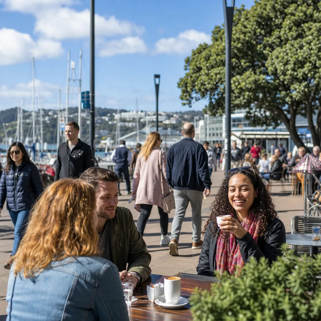 Two adults chatting at a café on Cuba Street in Wellington