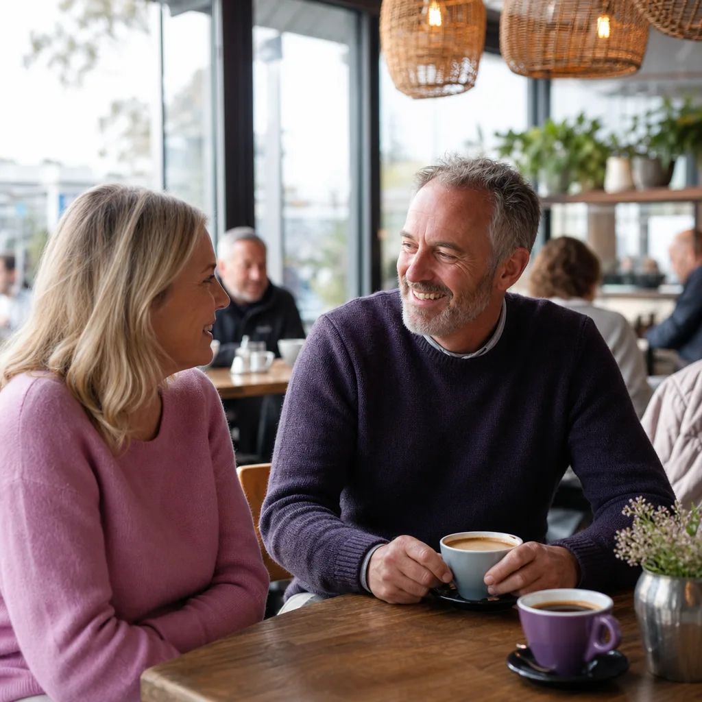Two older adults chatting at an outdoor table in central Wellington