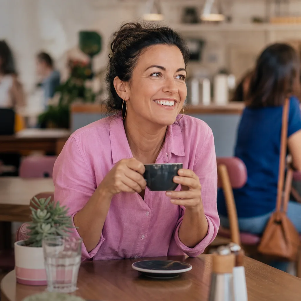 Woman reading a dating message in a busy Wellington café