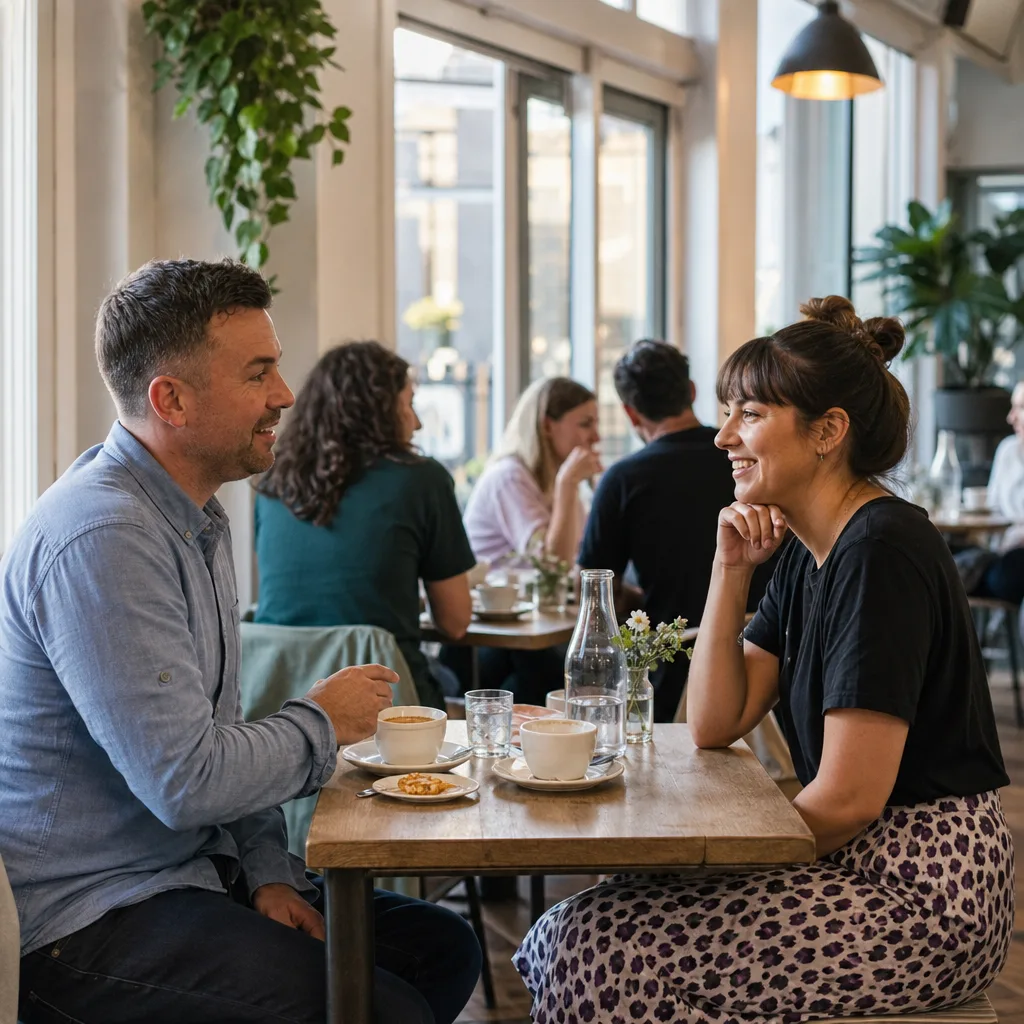 Two people chatting over coffee near Wellington's compact city centre