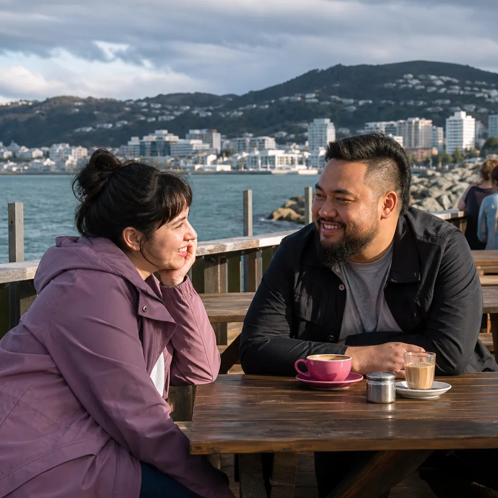 Two adults meeting in a busy public café in Wellington