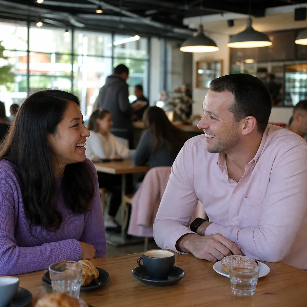 Adults meeting in a busy public café in central Wellington