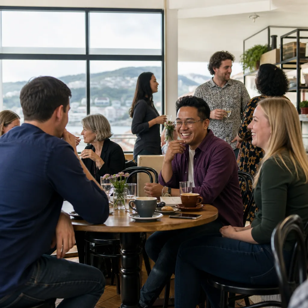 Two Wellington singles continuing a relaxed conversation over coffee after meeting at a local event